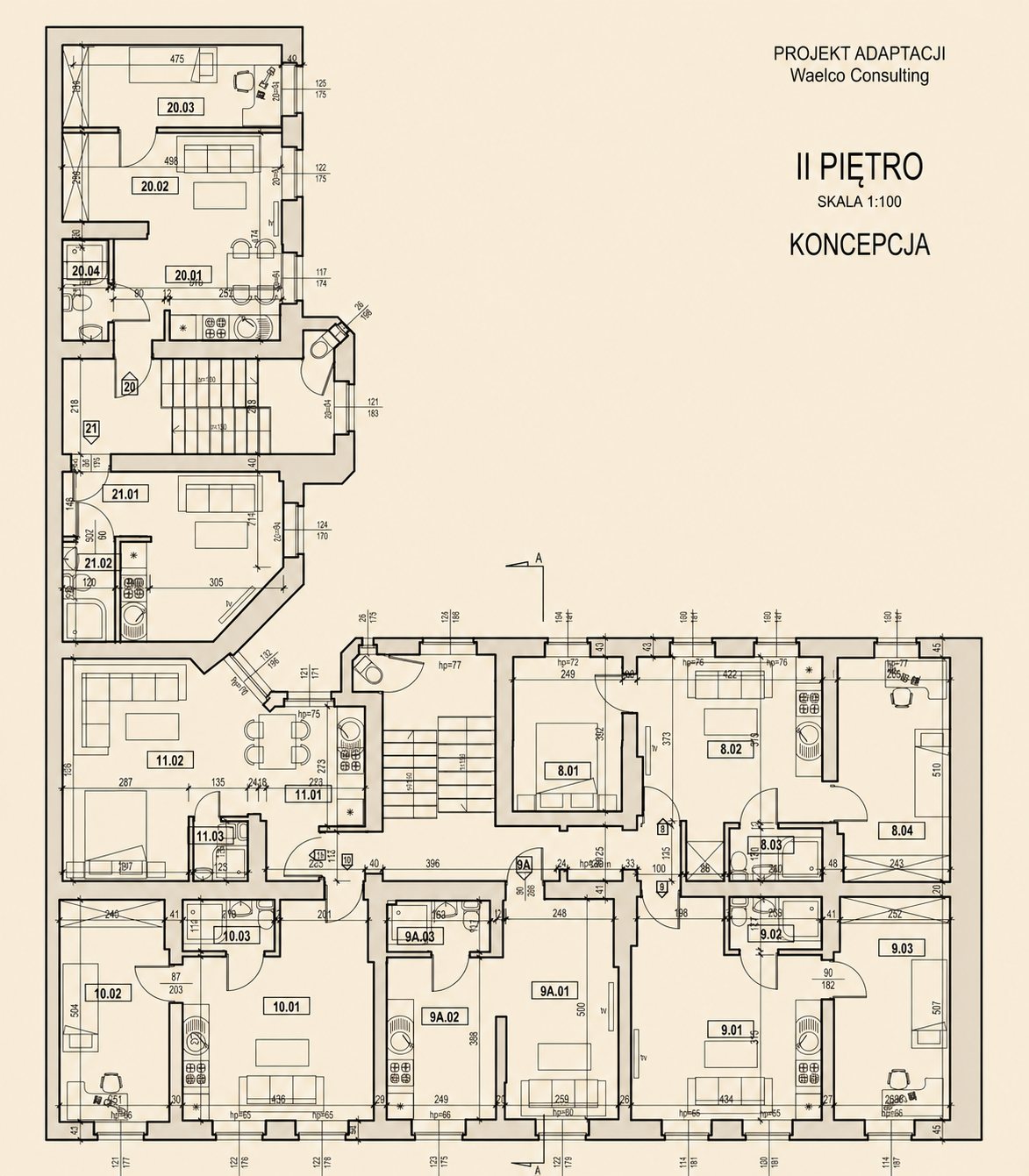 Rysunek techniczny: koncepcja adaptacji drugiego piętra kamienicy z podziałem na samodzielne lokale